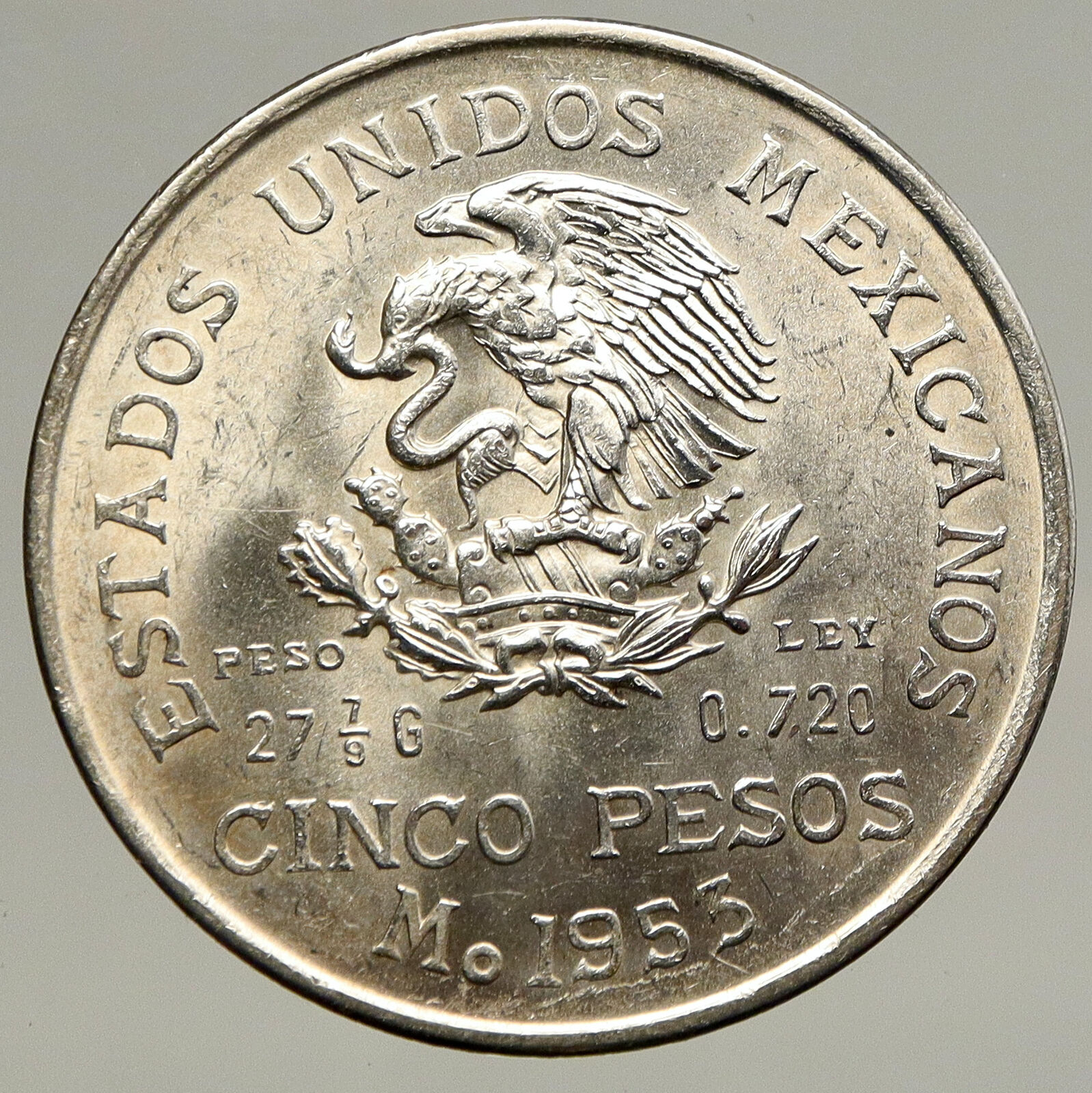 1953 MEXICO Large SILVER 5 Pesos Coin w MEXICAN Independence HERO Hidalgo i93444