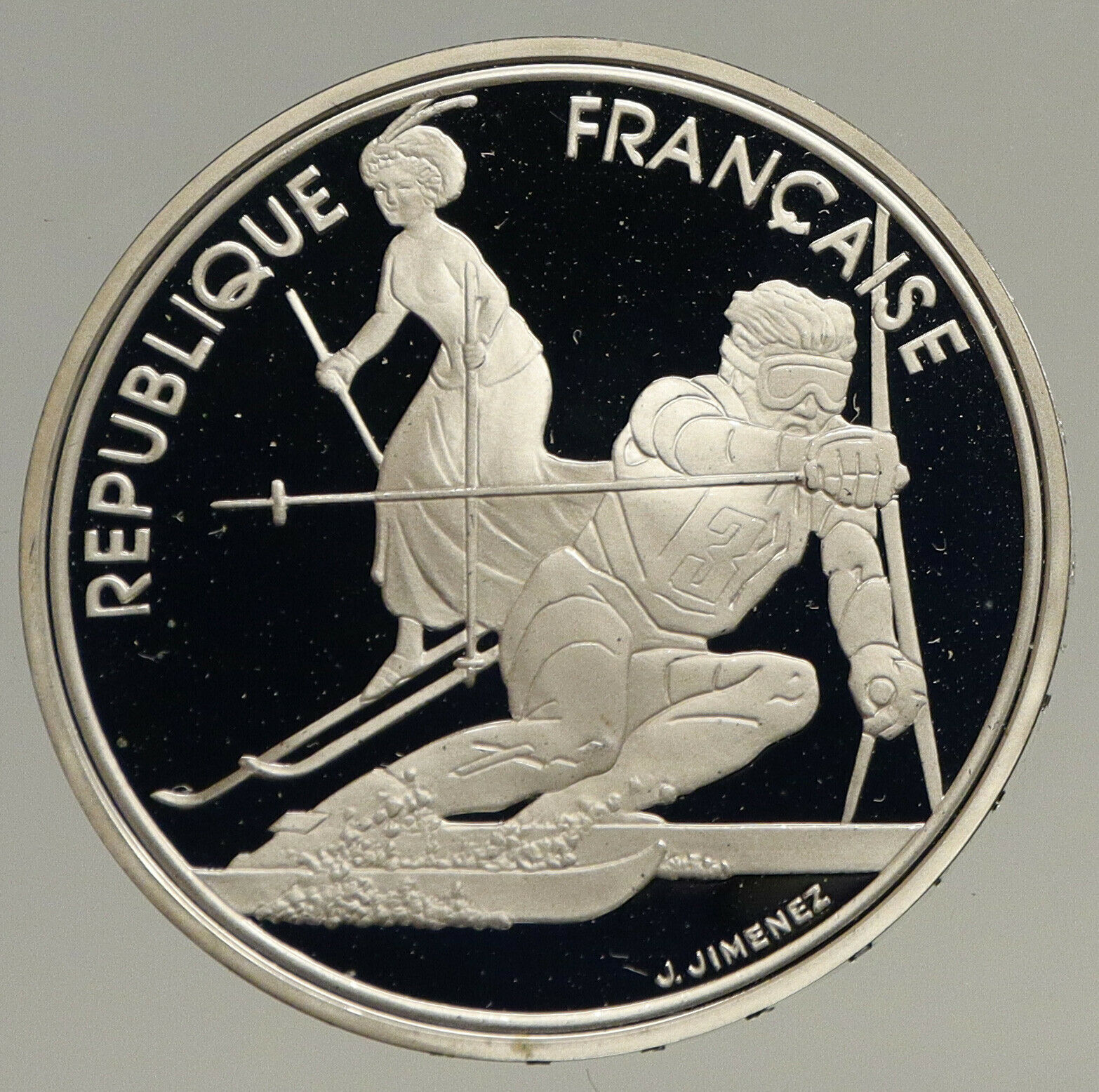 1990 FRANCE Slalom Skiing 1992 Olympics OLD Proof Silver 100 Francs Coin i93442