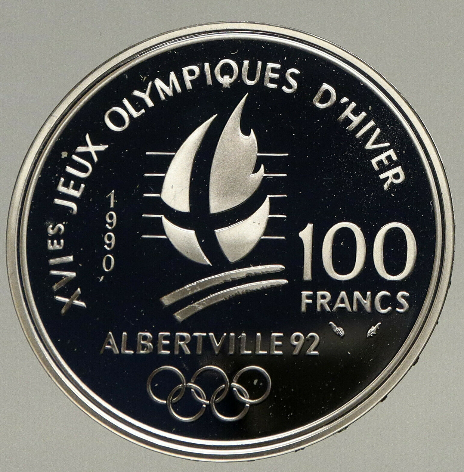 1990 FRANCE Slalom Skiing 1992 Olympics OLD Proof Silver 100 Francs Coin i93442