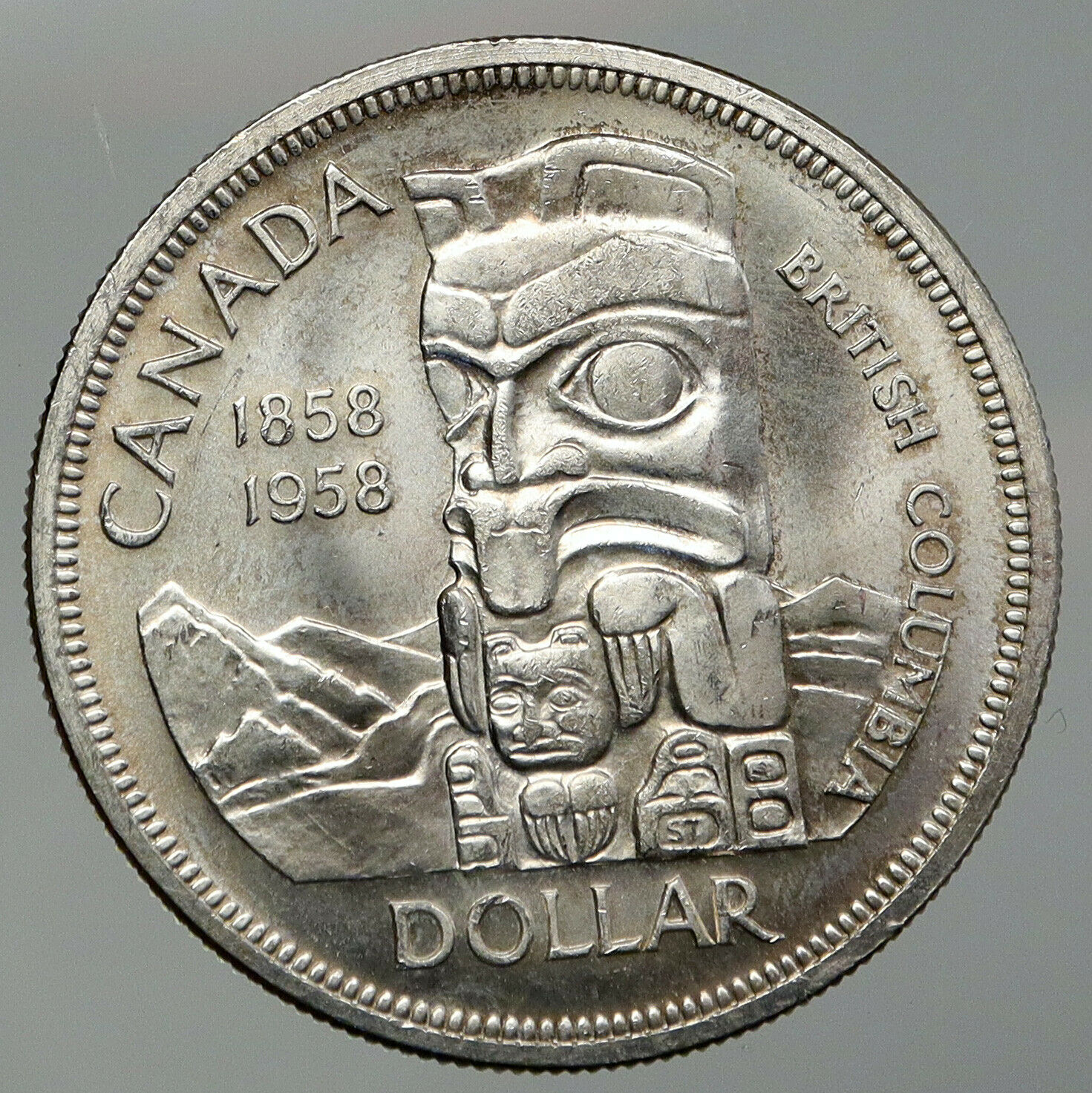 1958 CANADA British Columbia Centennial Totem Pole Large OLD Silver Coin i92890