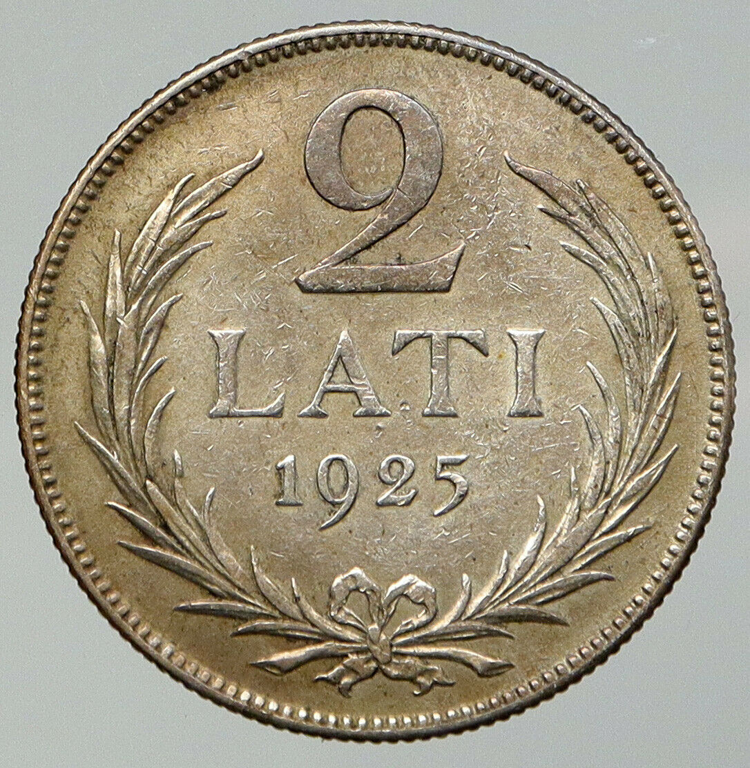 1925 LATVIA Lions Shield ANTIQUE OLD Vintage Silver European 2 Lati Coin i92891