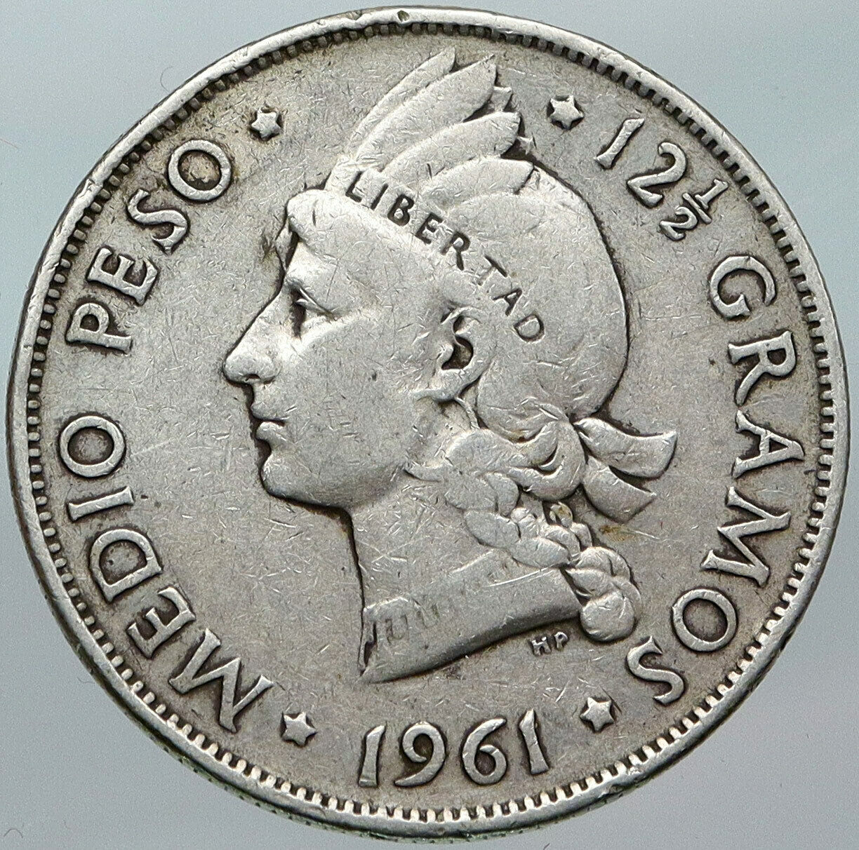 1961 DOMINICAN REPUBLIC Silver Liberty LIBERTO OLD Silver MEDIO PESO Coin i88409