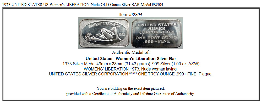 1973 UNITED STATES US Women's LIBERATION Nude OLD Ounce Silver BAR Medal i92304