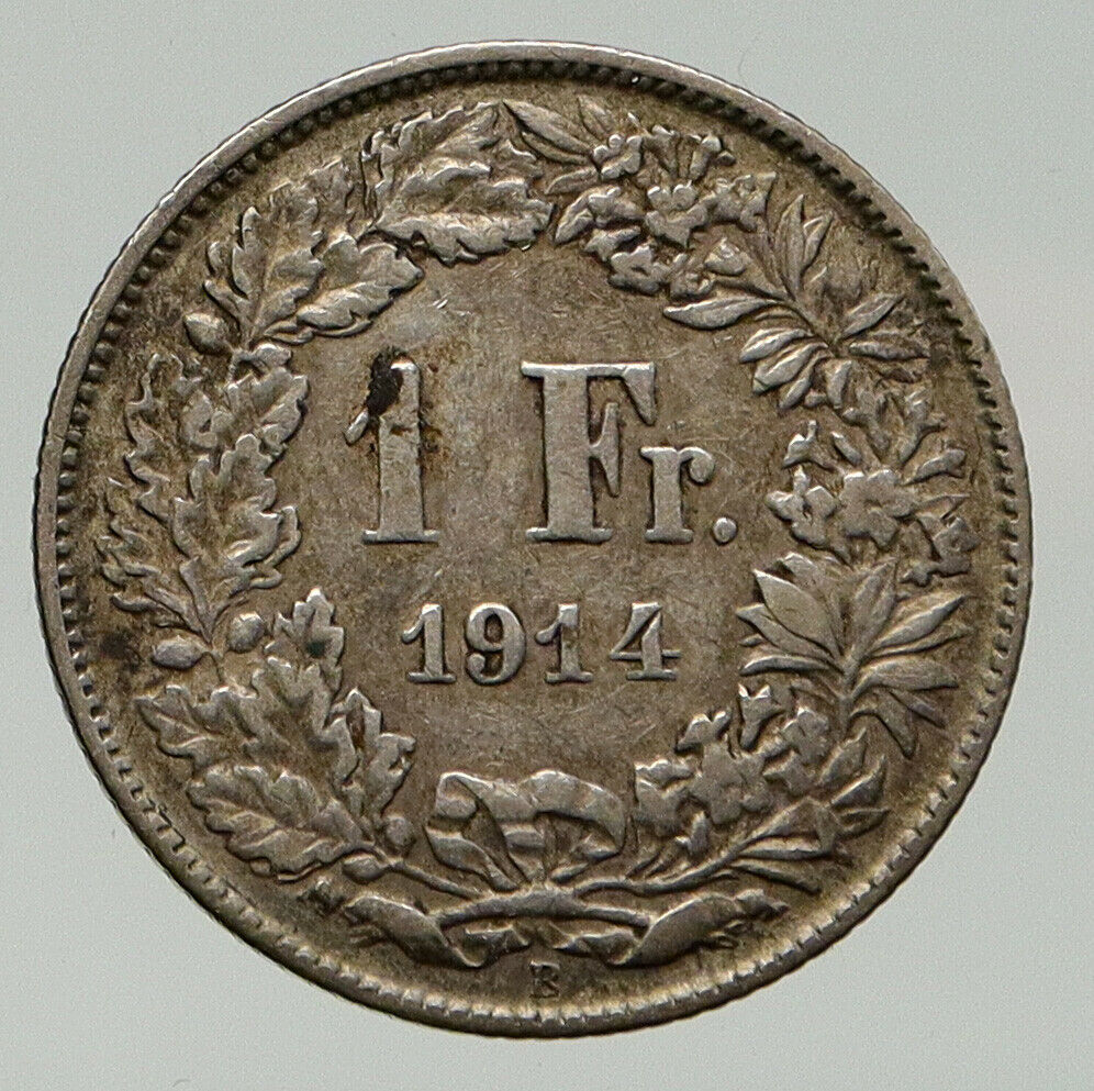 1914 SWITZERLAND - SILVER 1 Franc Coin - HELVETIA Symbolizes SWISS Nation i93135