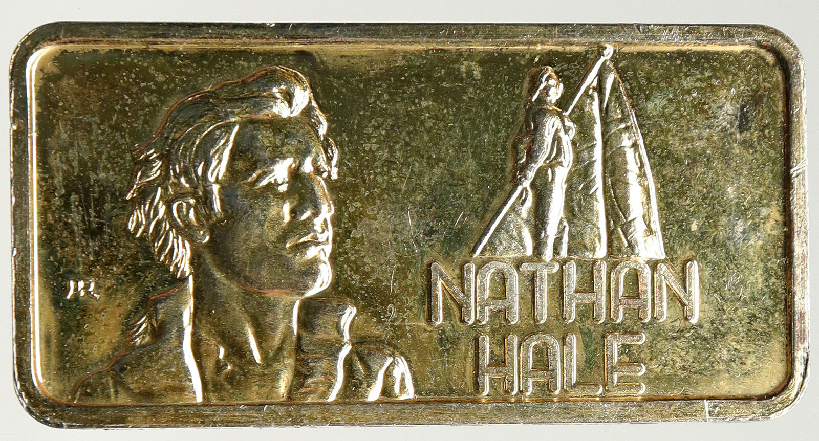 UNITED STATES US Nathan Hale VINTAGE Ounce Gilded OLD Silver BAR Medal i93654