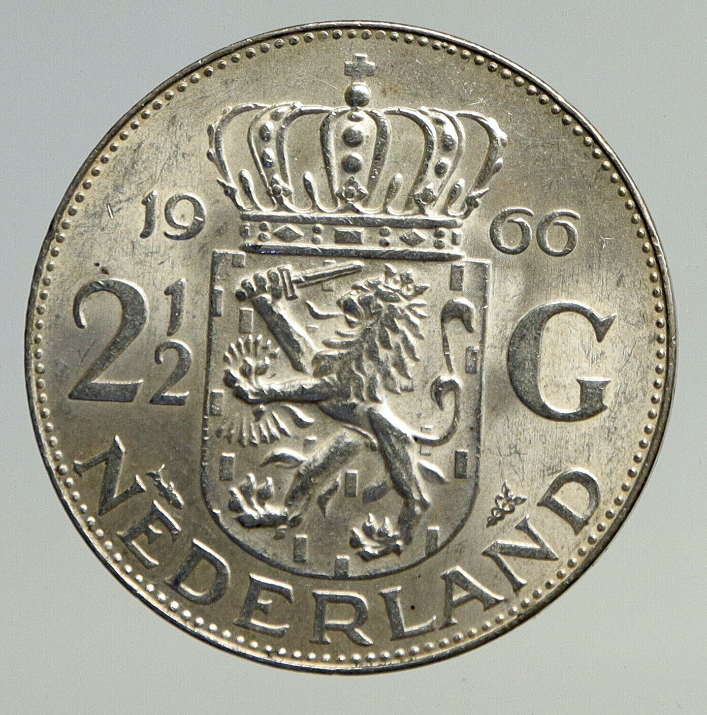 1966 Netherlands Kingdom Queen JULIANA Authentic Silver 2 1/2 Gulden Coin i93302