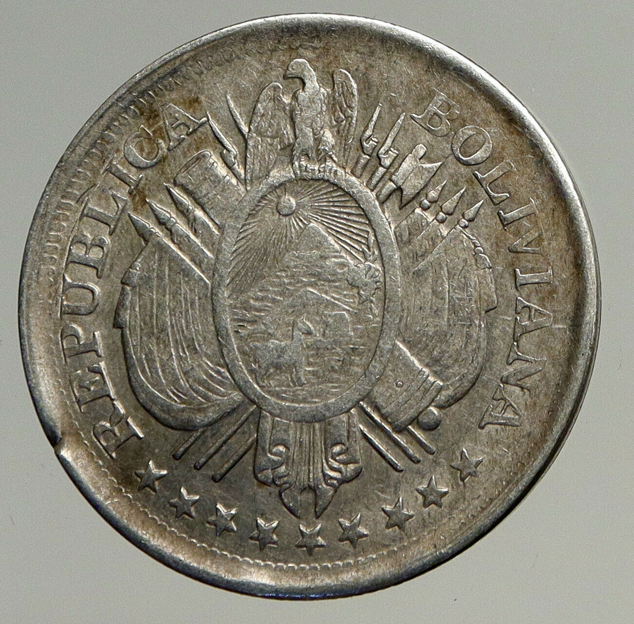 1896 BOLIVIA Antique Wreath Eagle Hill ANTIQUE Silver 50 Centavos Coin i93533