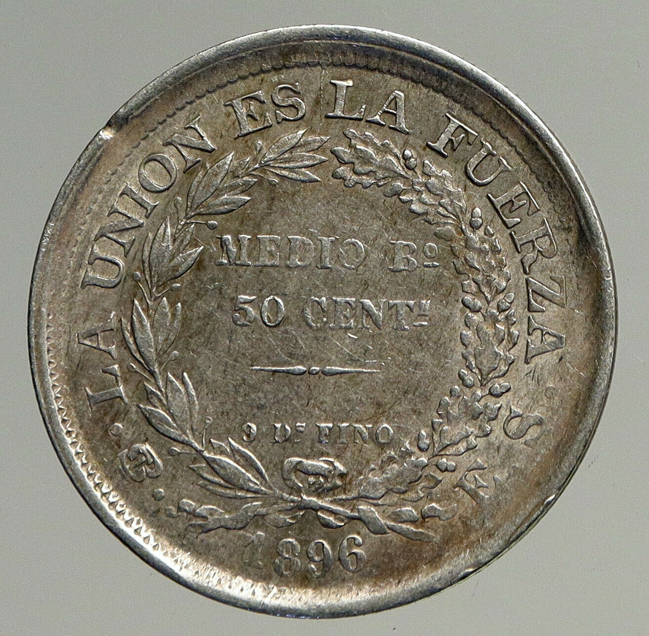 1896 BOLIVIA Antique Wreath Eagle Hill ANTIQUE Silver 50 Centavos Coin i93533