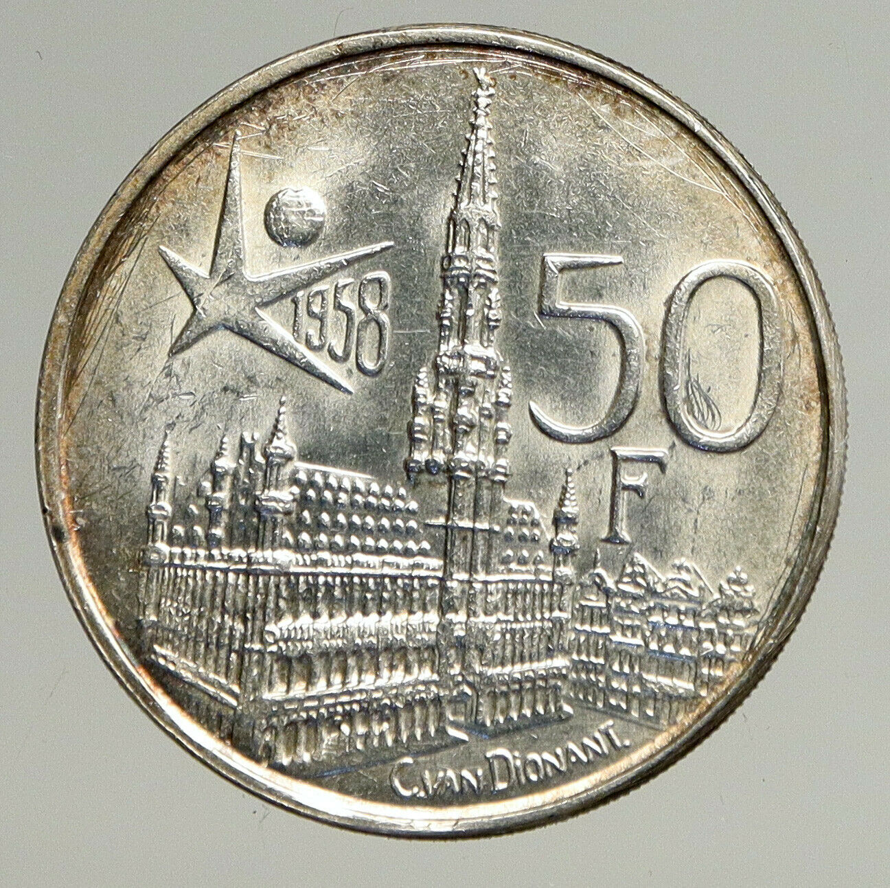 1958 BELGIUM BRUSSELS WORLD's FAIR 58 Baudouin Silver 50 Francs Coin i93538