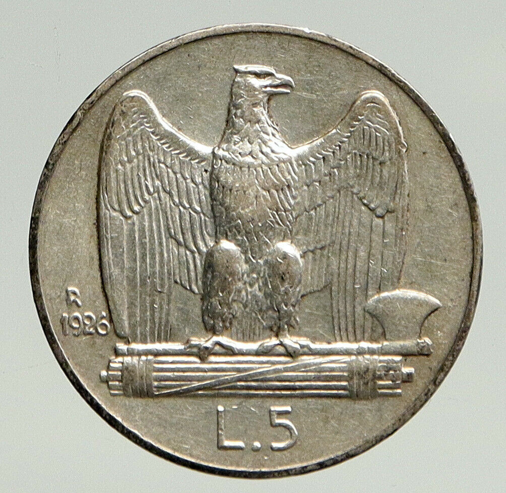 1926 ITALY King Victor Emmanuel III Silver 5 Lire Italian Coin w EAGLE i93310