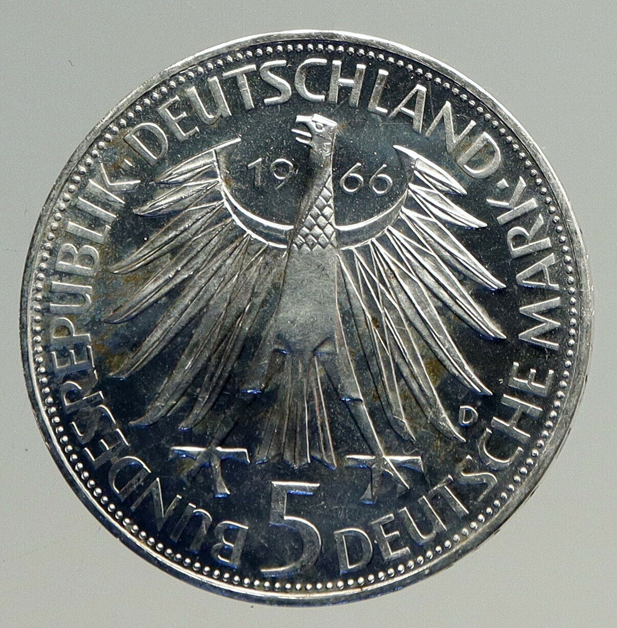 1966 D GERMANY Gottfried Wilhelm Leibniz Large 5 Mark Silver German Coin i93545