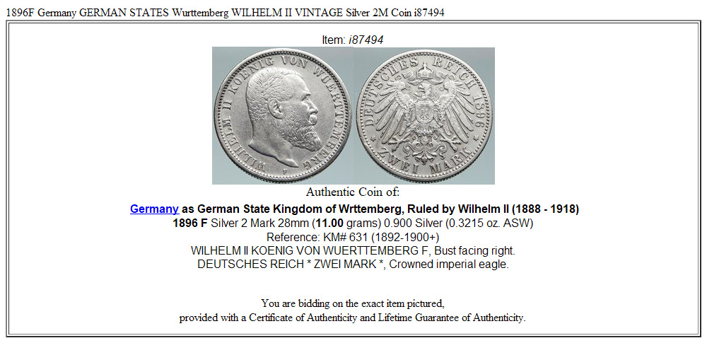 1896F Germany GERMAN STATES Wurttemberg WILHELM II VINTAGE Silver 2M Coin i87494