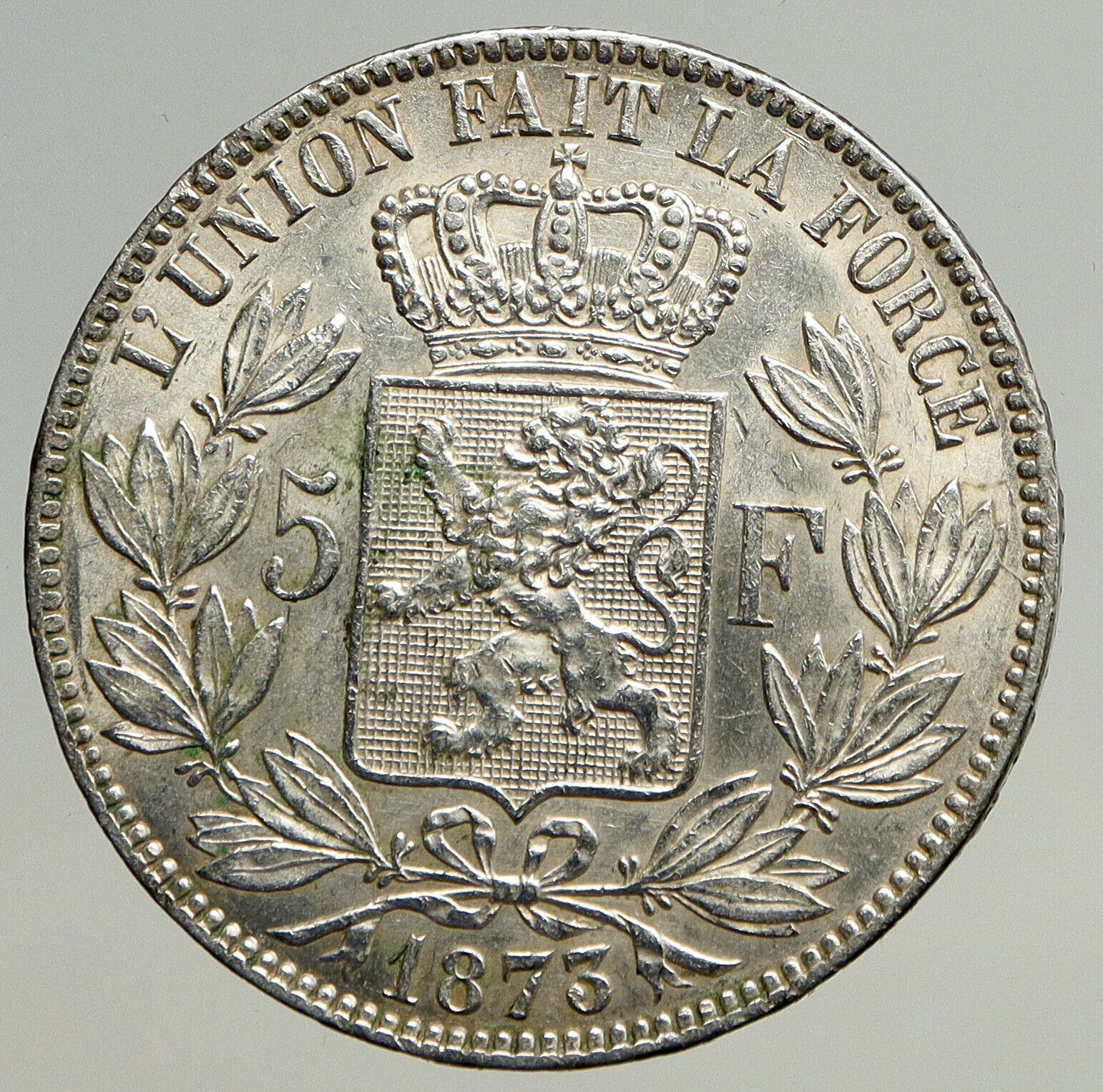 1873 BELGIUM with King LEOPOLD II and LION Genuine Silver 5 Francs Coin i93541