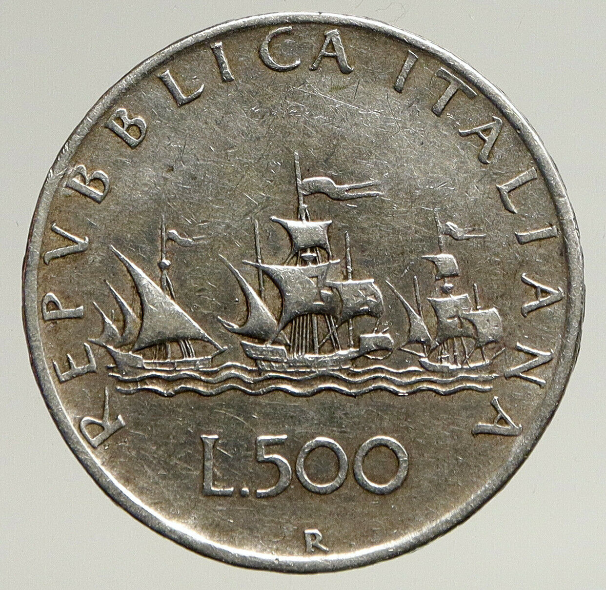 1960 ITALY CHRISTOPHER COLUMBUS Ship DISCOVER America SILVER 500 LRA Coin i93696