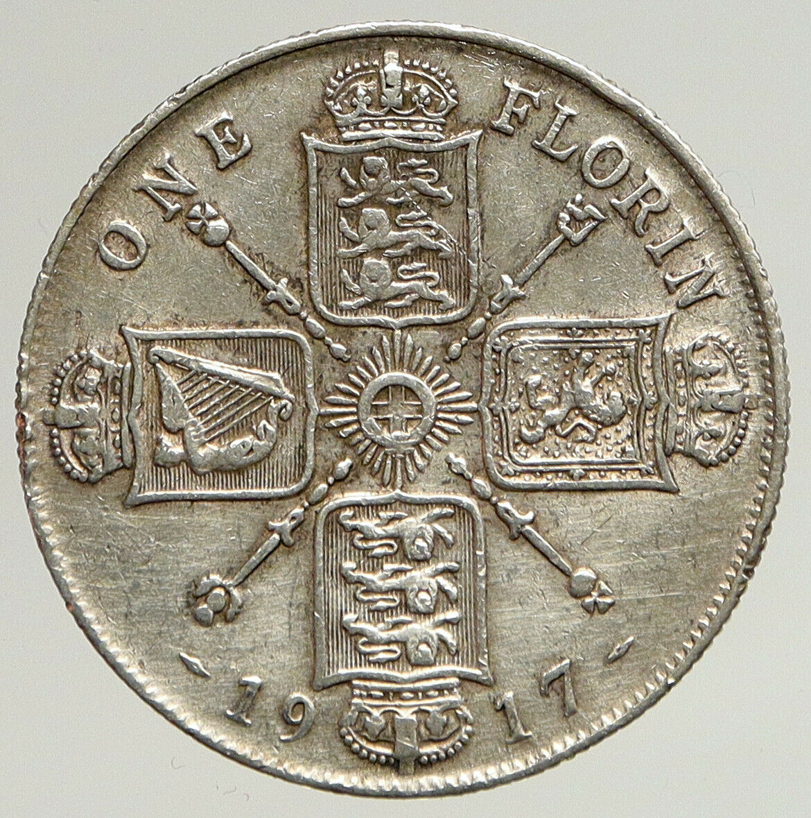 1917 GREAT BRITAIN UK United Kingdom King George V Big SILVER FLORIN Coin i93702