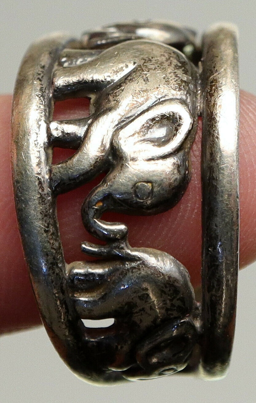 INTRICATE Vintage ELEPHANTS Jewelry ANIMAL Artisan Sterling Silver Ring i93904