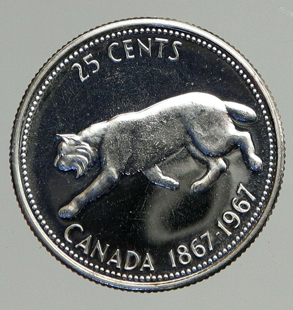 1967 CANADA Confederation Centennial Silver 25 Cents Coin LYNX Wild Cat i93877