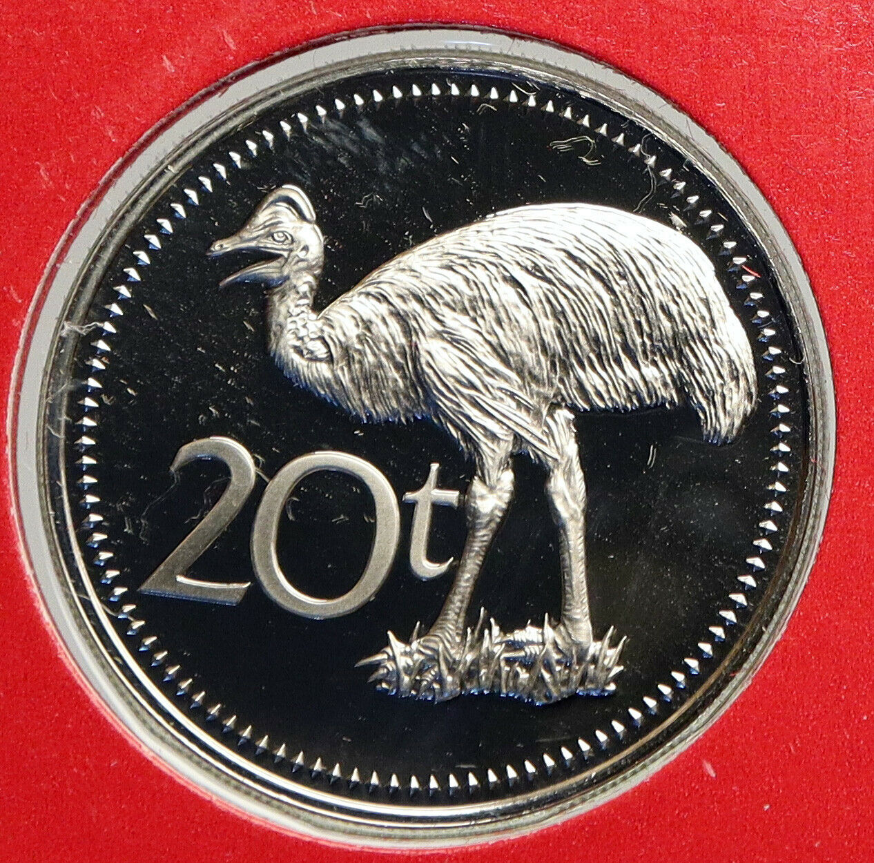 1976 PAPUA NEW GUINEA Bennetts Cassowary BIRD Old Bank Proof 20 Toea Coin i93928