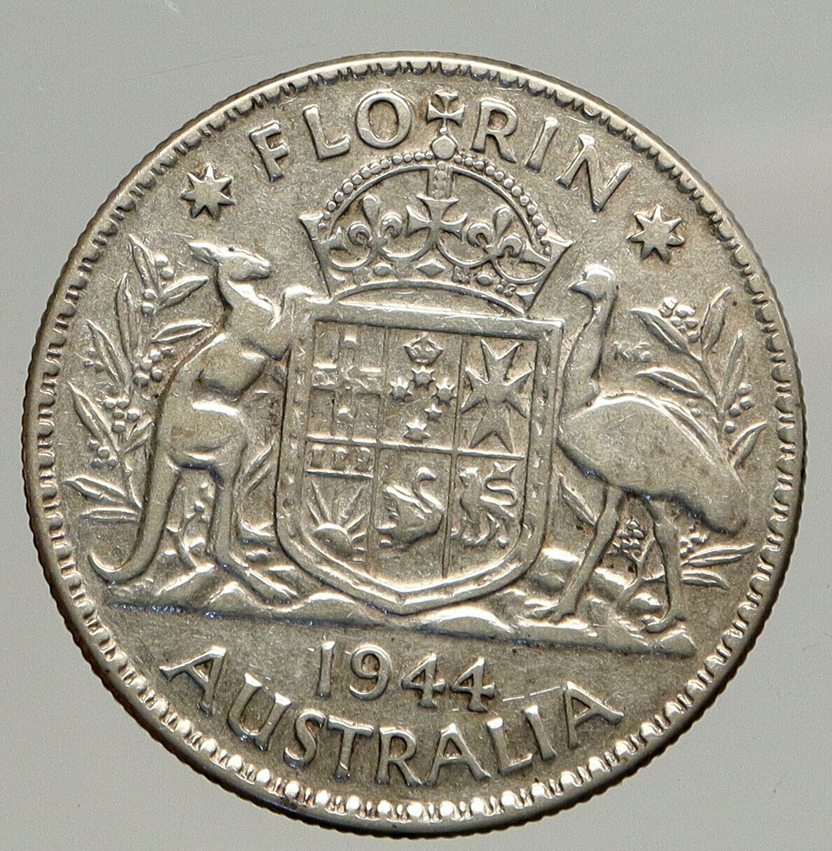 1944 AUSTRALIA King George VI Kangaroos VINTAGE Large Silver Florin Coin i93913