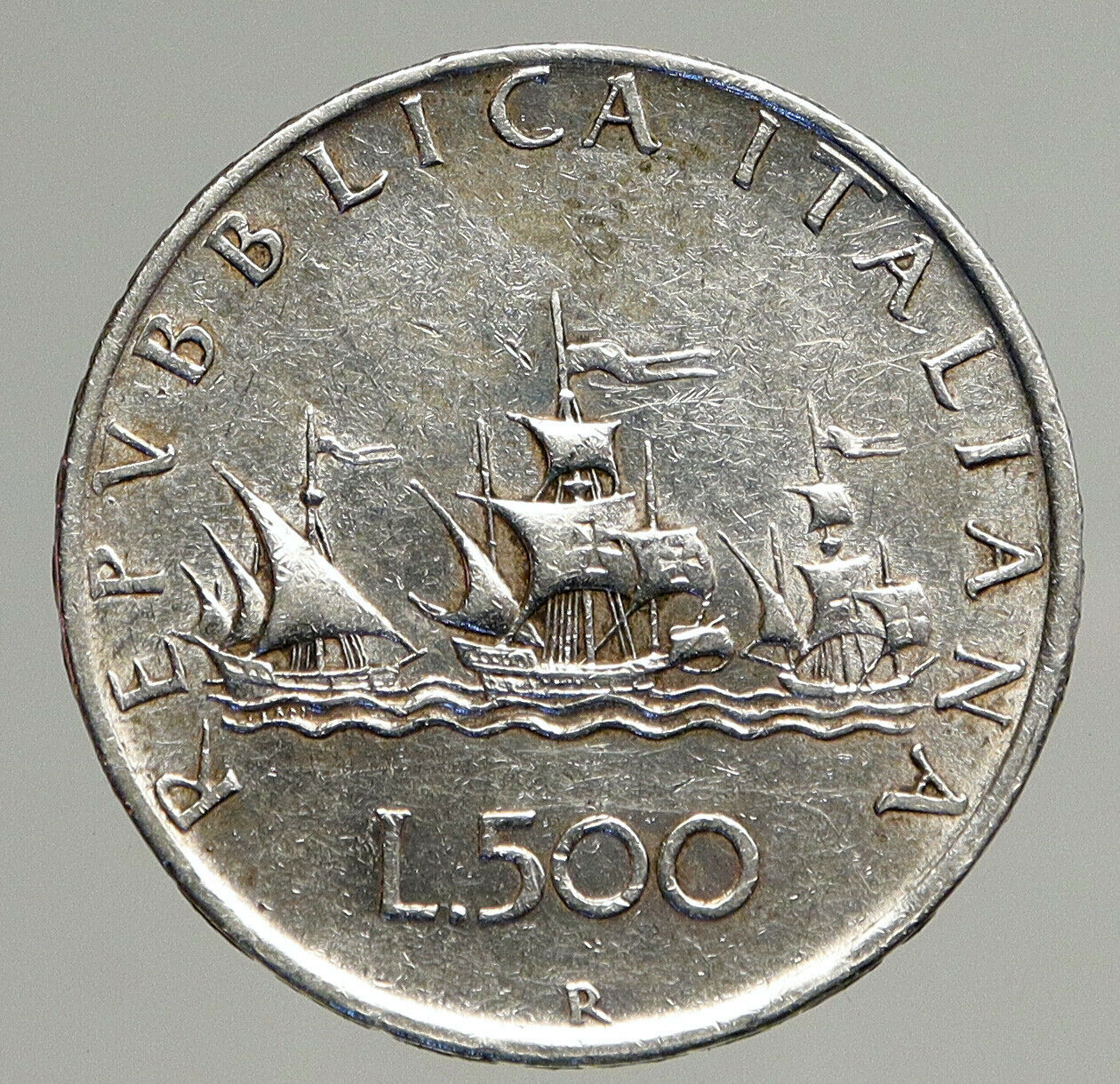 1959 ITALY CHRISTOPHER COLUMBUS Ship DISCOVER America SILVER 500 LRA Coin i93883