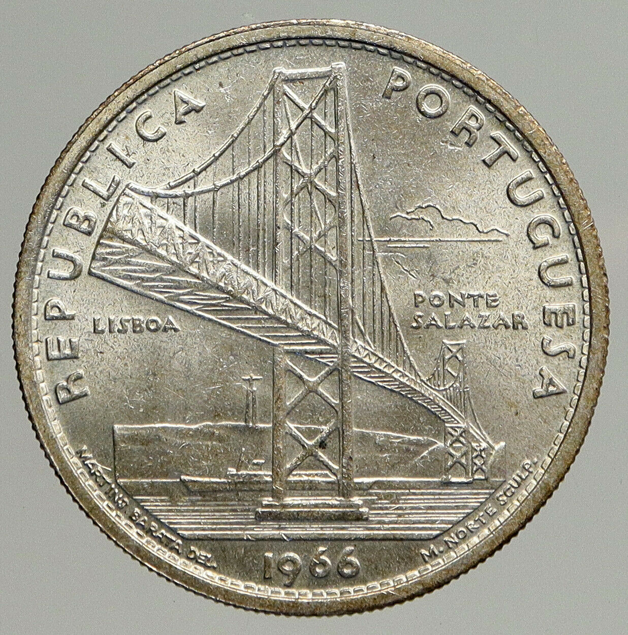 1966 PORTUGAL w Opening of SALAZAR BRIDGE Antique Silver 20 Escudos Coin i93889