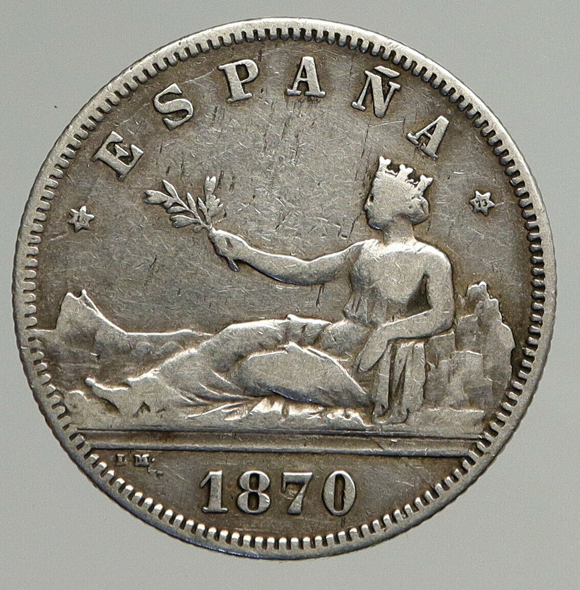 1870 DE-M SPAIN Provisional Government Liberty OLD Silver 2 Pesetas Coin i93887