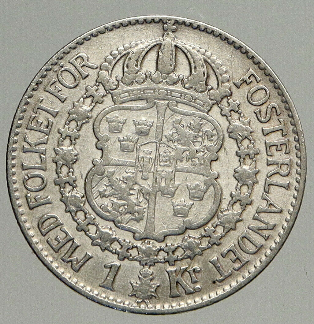 1935 Sweden GUSTAF V Silver Krona Crowned ARMS Antique OLD Vintage Coin i93863