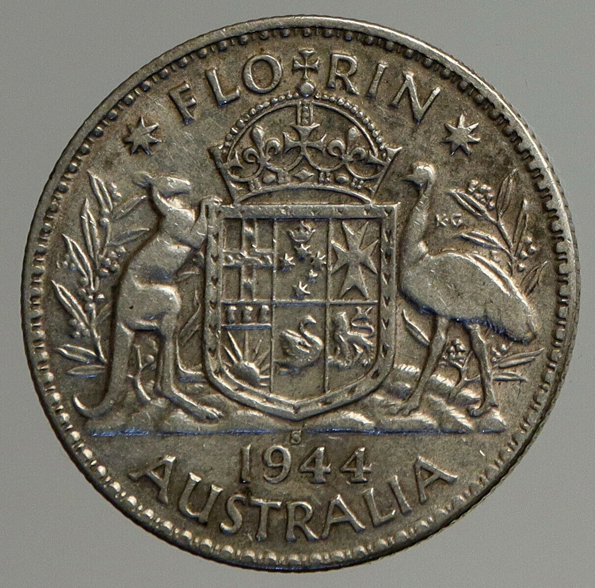 1944 AUSTRALIA King George VI Kangaroos VINTAGE Large Silver Florin Coin i93870