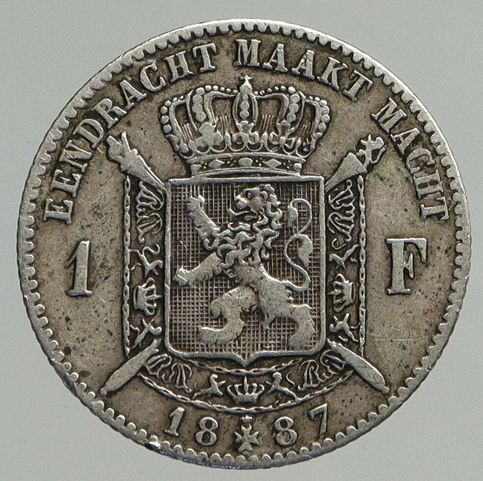 1887 BELGIUM King Leopold II Antique Silver 1 Franc Belgian Coin FRENCH i93875