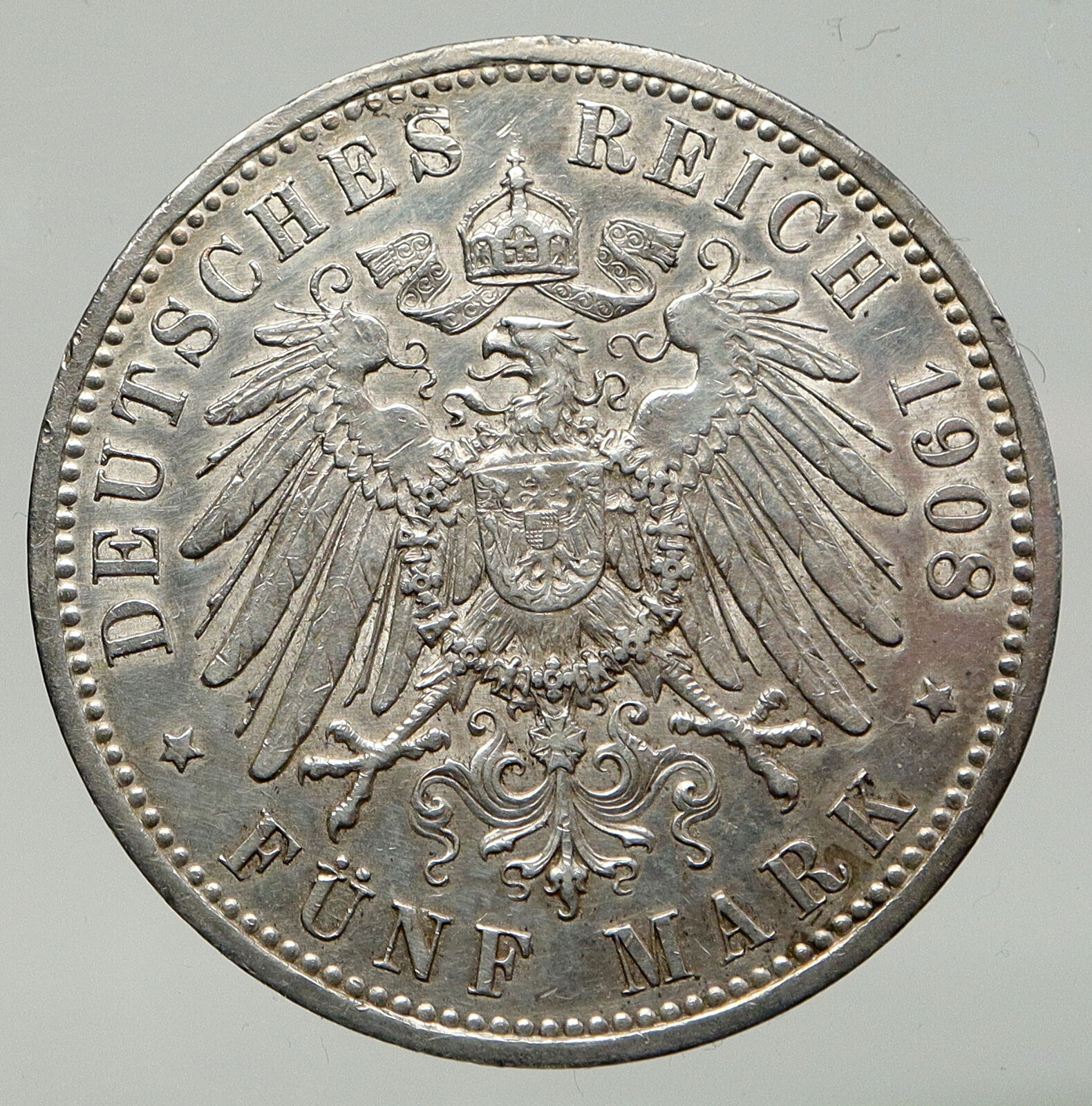 1908 GERMANY GERMAN STATES PRUSSIA WILHELM II Antique Silver 5 Mark Coin i93138