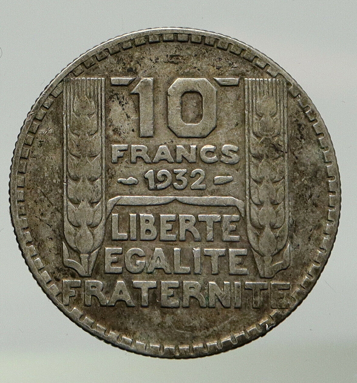 1932 FRANCE w Marianne FRENCH MOTTO Antique VINTAGE Silver 10 Francs Coin i93143