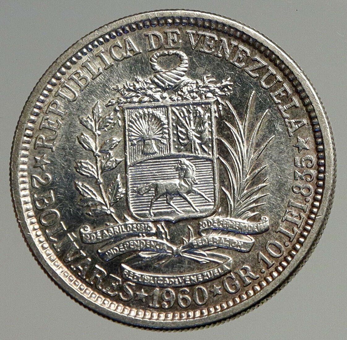 1960 Freemason President Simon Bolivar VENEZUELA Founder 2BLV Silver Coin i93857