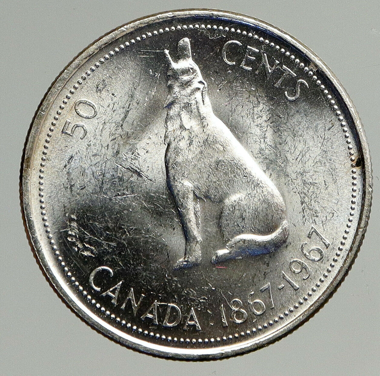 1967 CANADA UK Queen ELIZABETH II Wolf Howls Vintage Silver 50 Cents Coin i93845