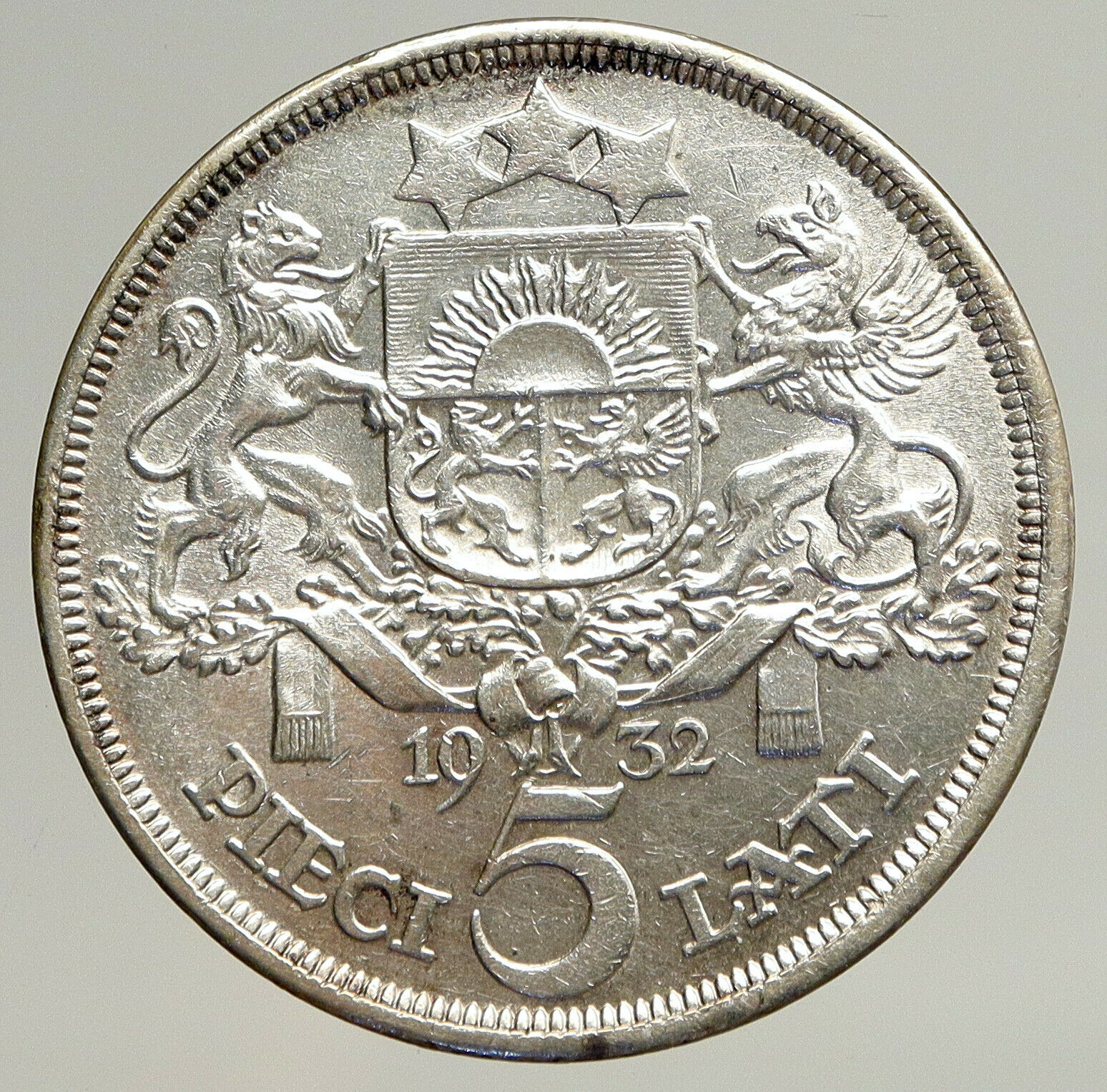 1932 LATVIA w Female Headwear 5 Lati LARGE Vintage Silver European Coin i93559