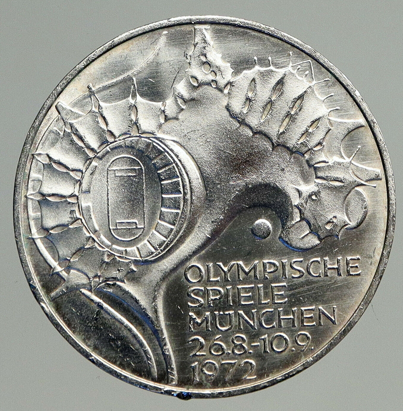 1972 G Germany Munich Summer Olympics Stadium VINTAGE 10 Mark Silver Coin i93724