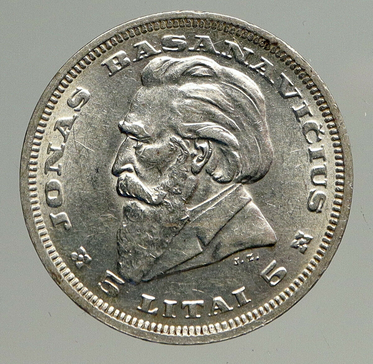 1936 LITHUANIA Silver 5 Litai JONAS BASANAVICIUS Vintage Lithuanian Coin i93739