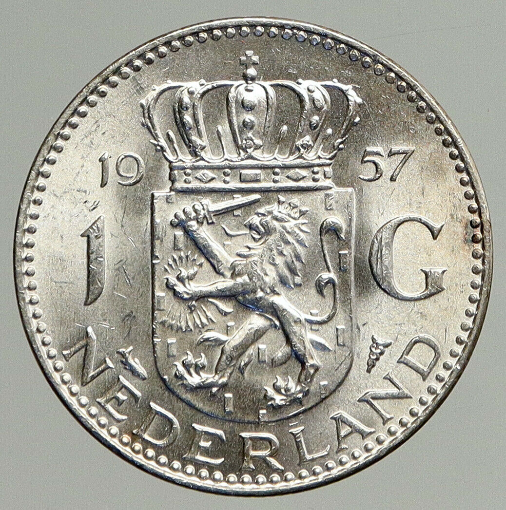 1957 NETHERLANDS Kingdom Queen JULIANA Vintage OLD Silver 1 Gulden Coin i93726