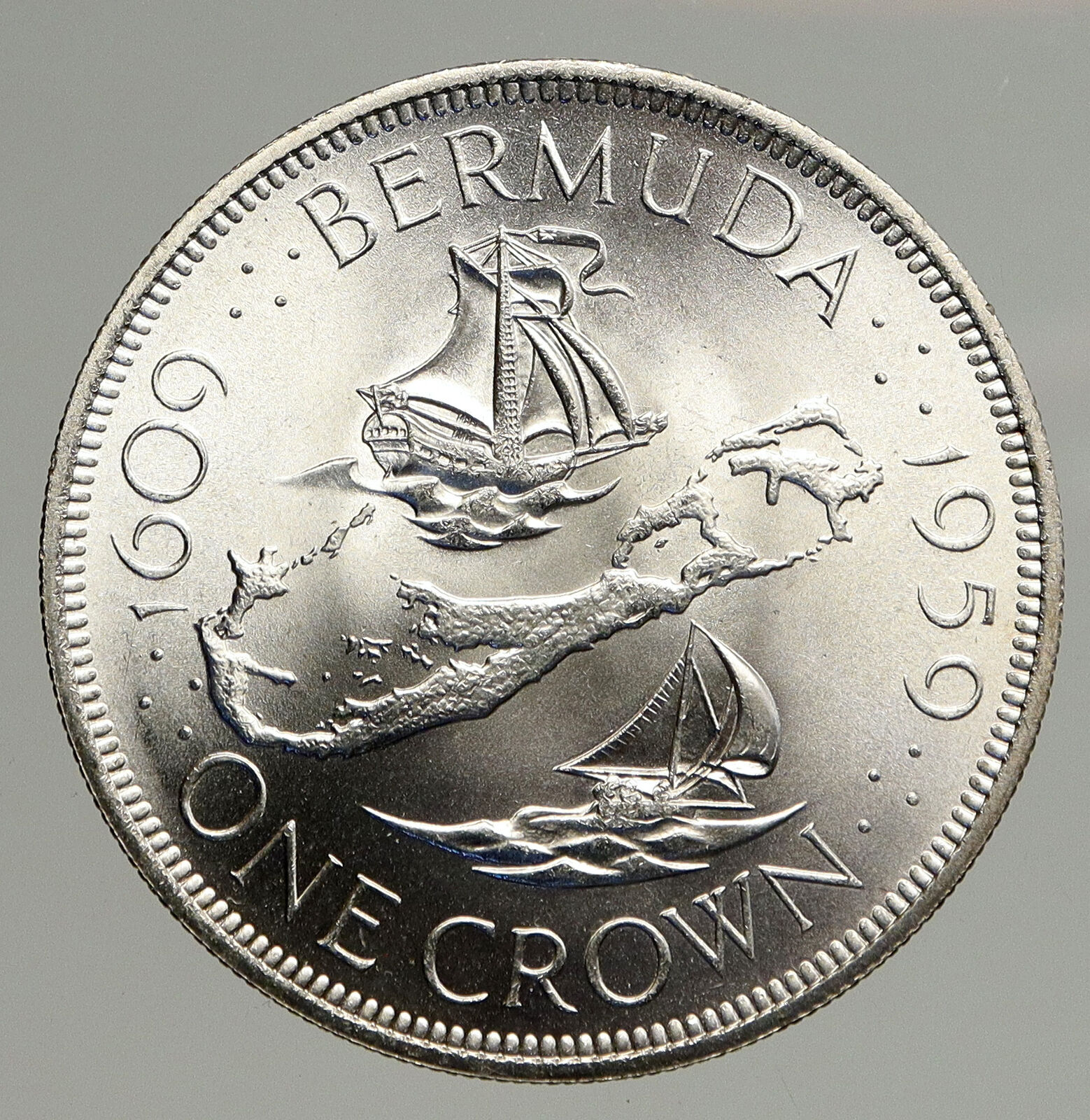 1959 BERMUDA British Colony Elizabeth II LARGE Boats Silver 1 Crown Coin i93746