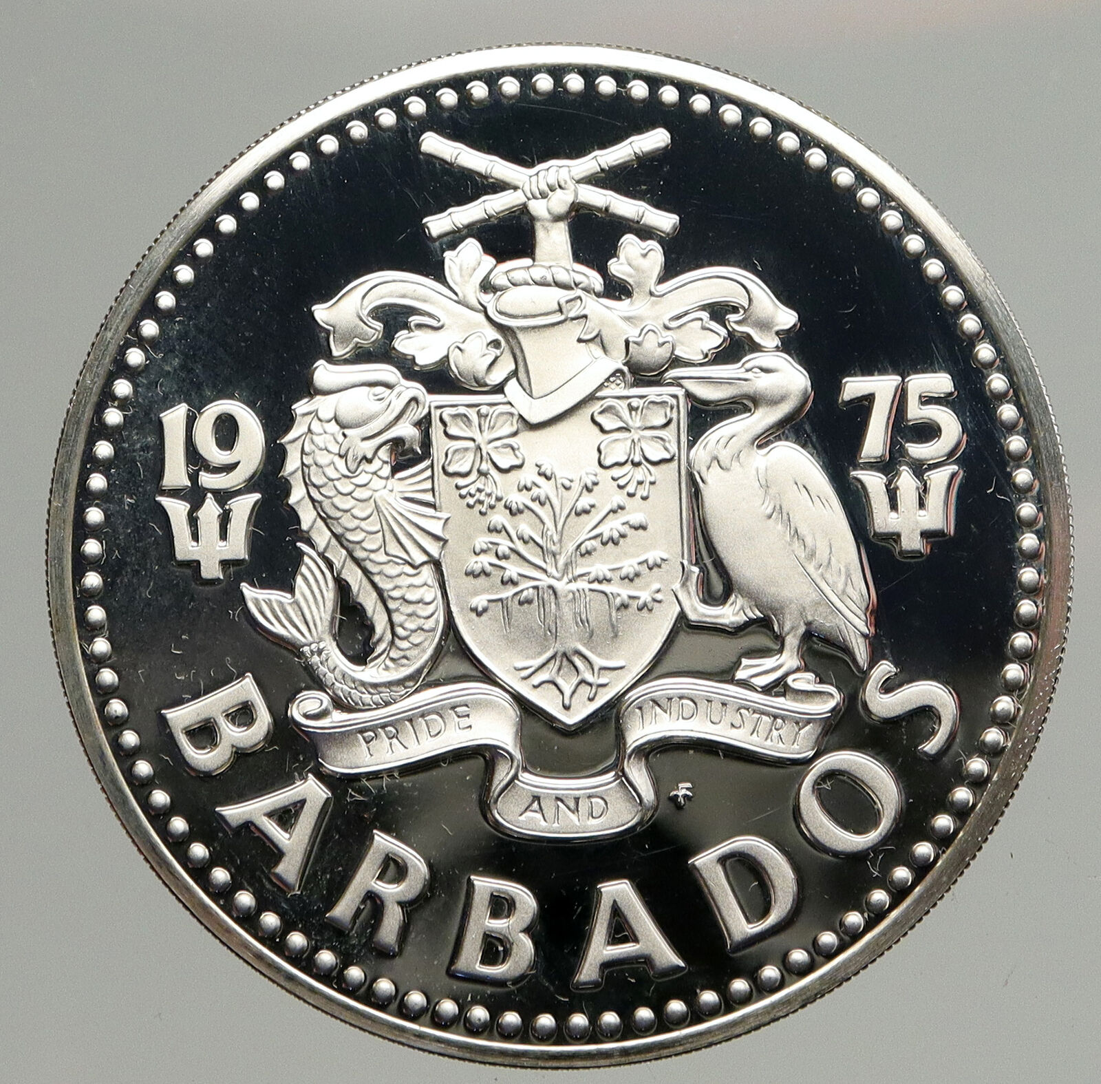 1975 BARBADOS Huge 4.2cm Genuine Proof Silver 10 Dollars Coin w NEPTUNE i93741