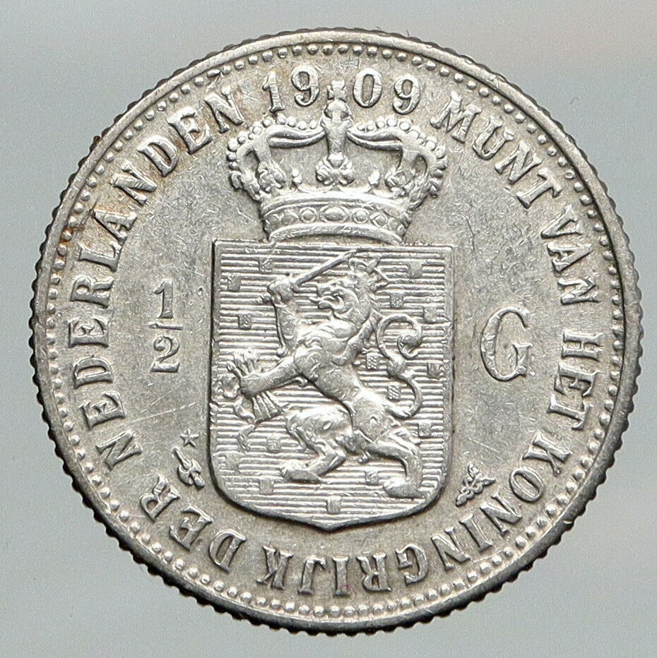 1909 Netherlands Kingdom Queen WILHELMINA Old 1/2 Half Gulden Silver Coin i93076