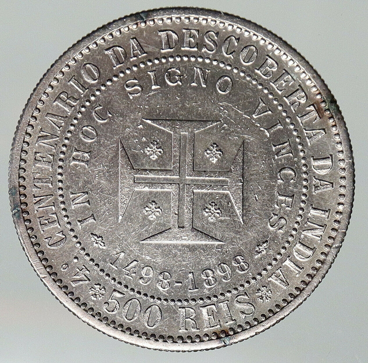 1898 PORTUGAL Cross Discovery of India 400YR Genuine Silver 500 Reis Coin i93079