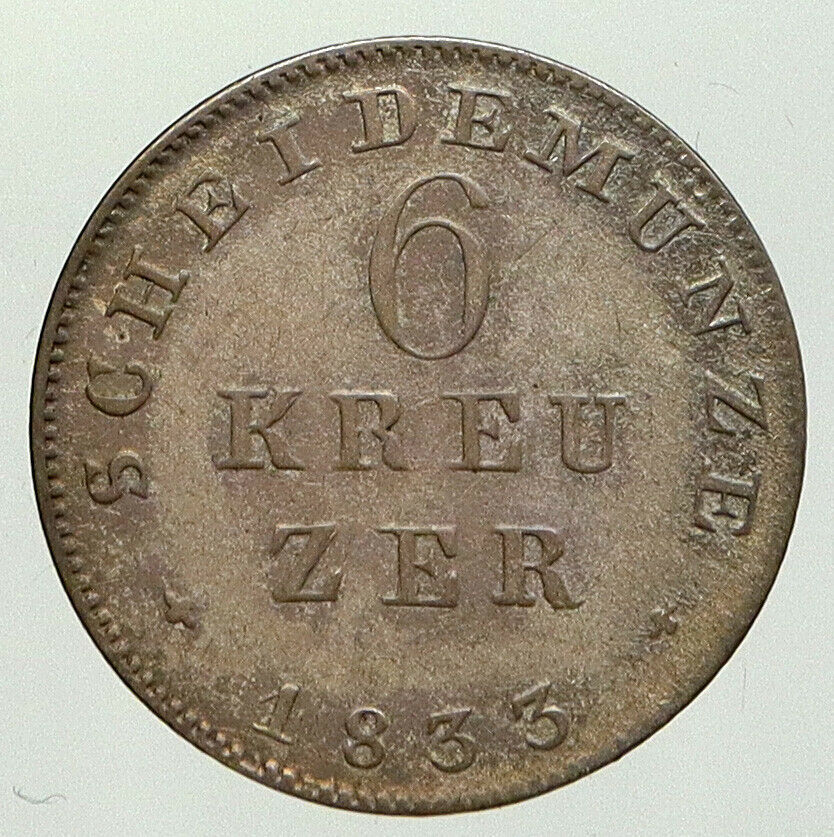 1833 GERMAN STATES Hessen KING LUDWIG I Vintage ANTIQUE 6 Kreuzer Coin i92975