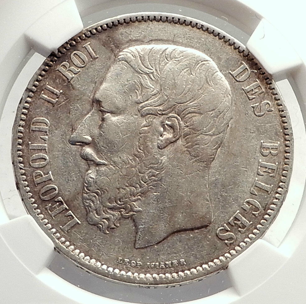 1873 BELGIUM Antique Silver 5 Francs Coin of King LEOPOLD II w LION NGC i71311