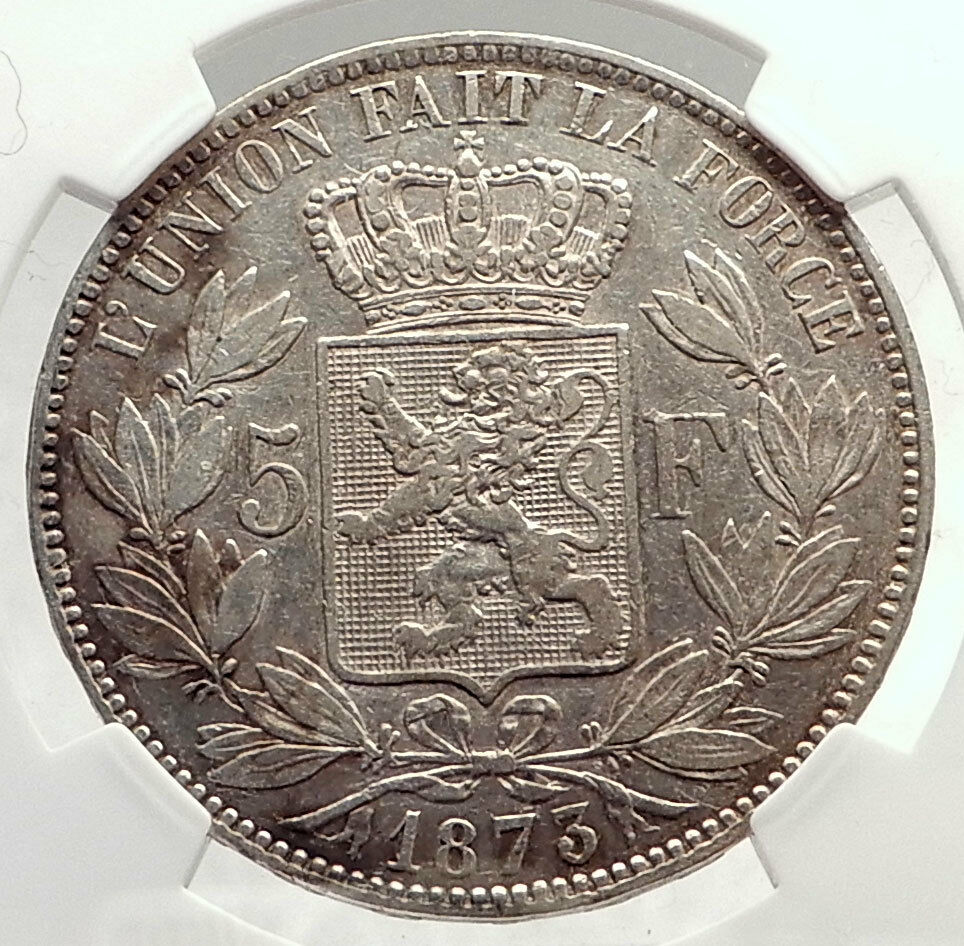 1873 BELGIUM Antique Silver 5 Francs Coin of King LEOPOLD II w LION NGC i71311