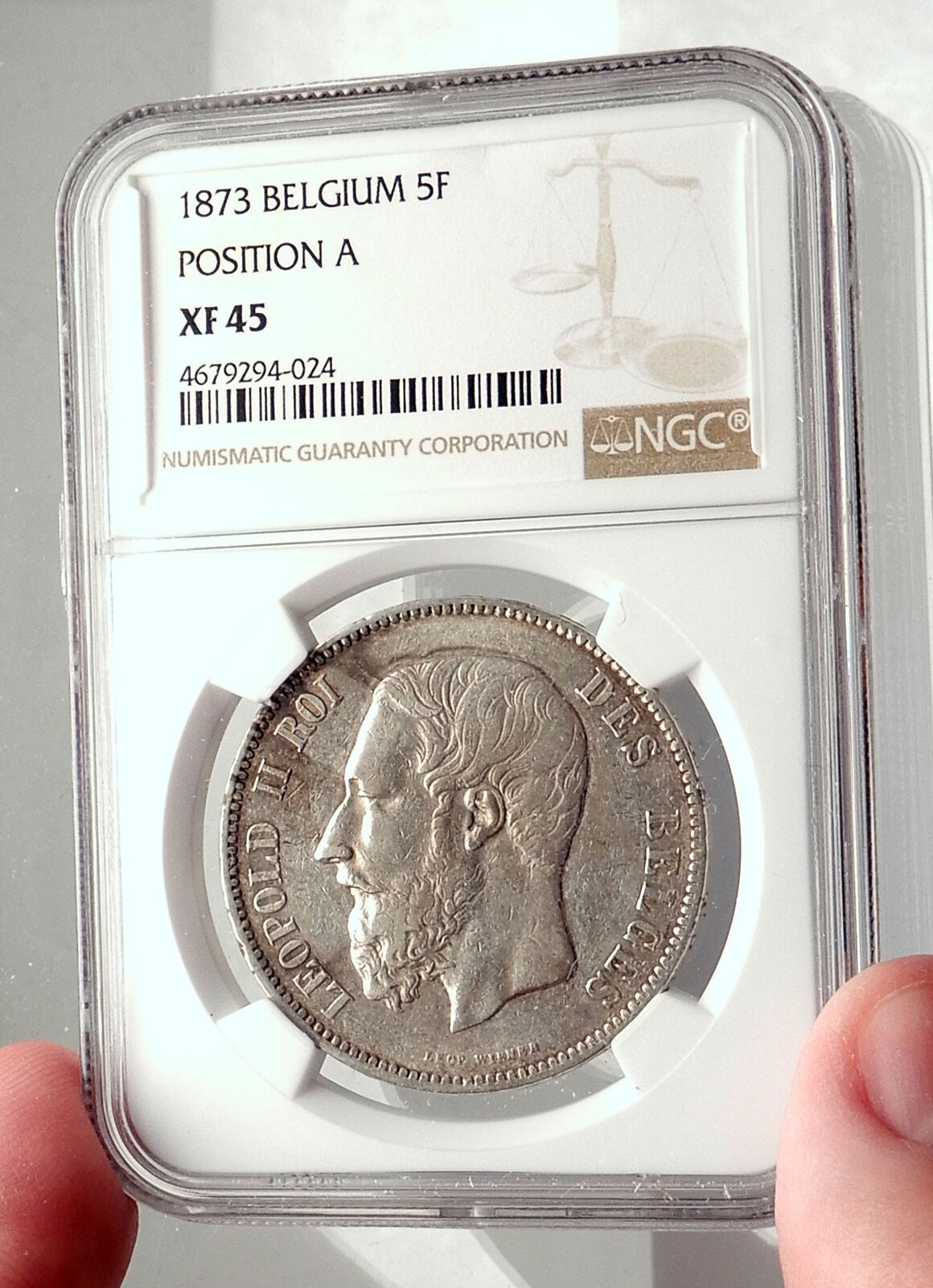 1873 BELGIUM Antique Silver 5 Francs Coin of King LEOPOLD II w LION NGC i71311