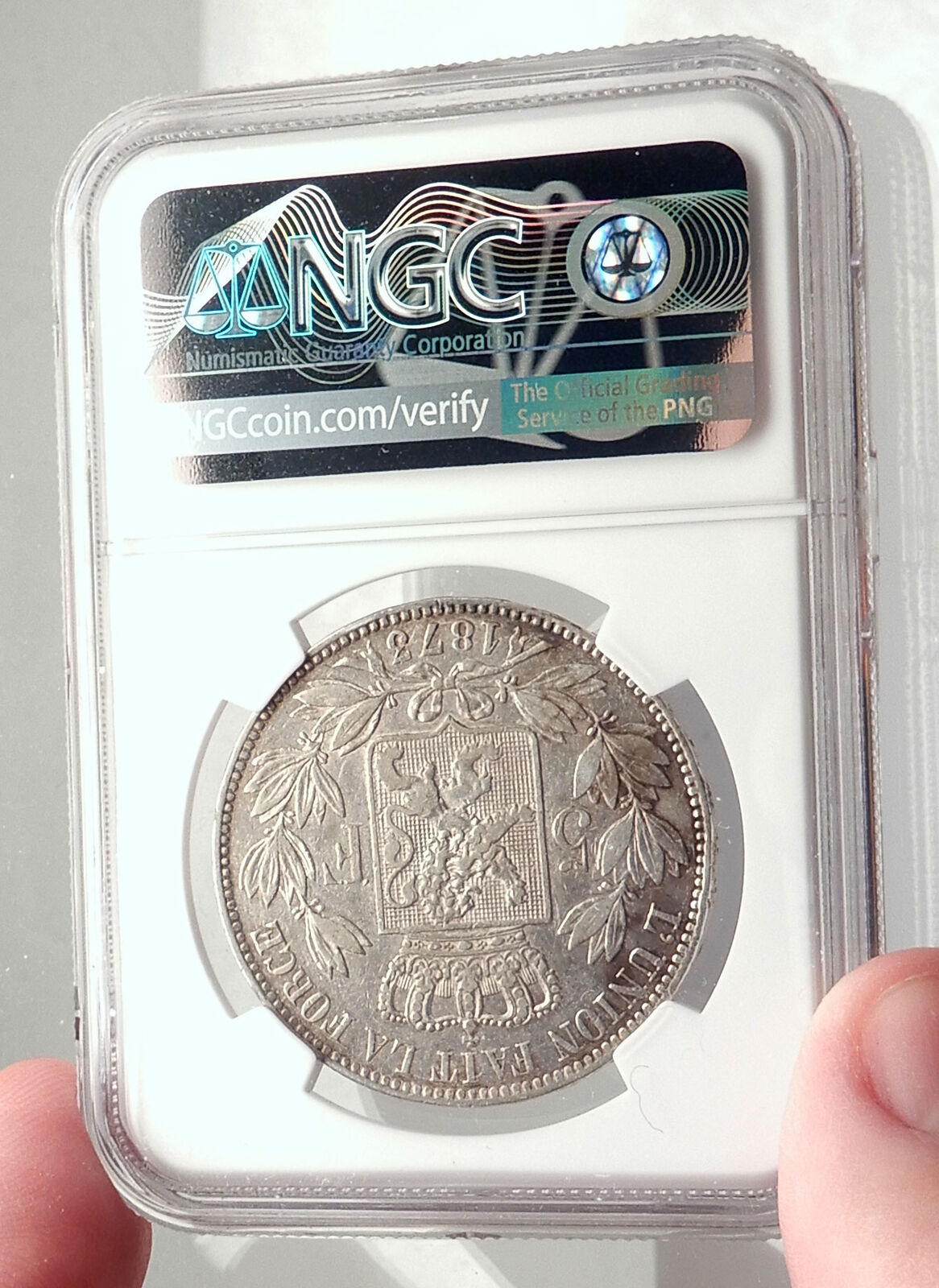 1873 BELGIUM Antique Silver 5 Francs Coin of King LEOPOLD II w LION NGC i71311