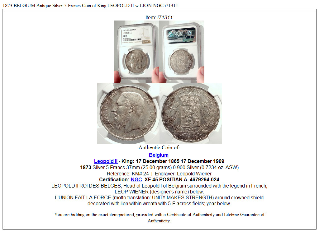 1873 BELGIUM Antique Silver 5 Francs Coin of King LEOPOLD II w LION NGC i71311