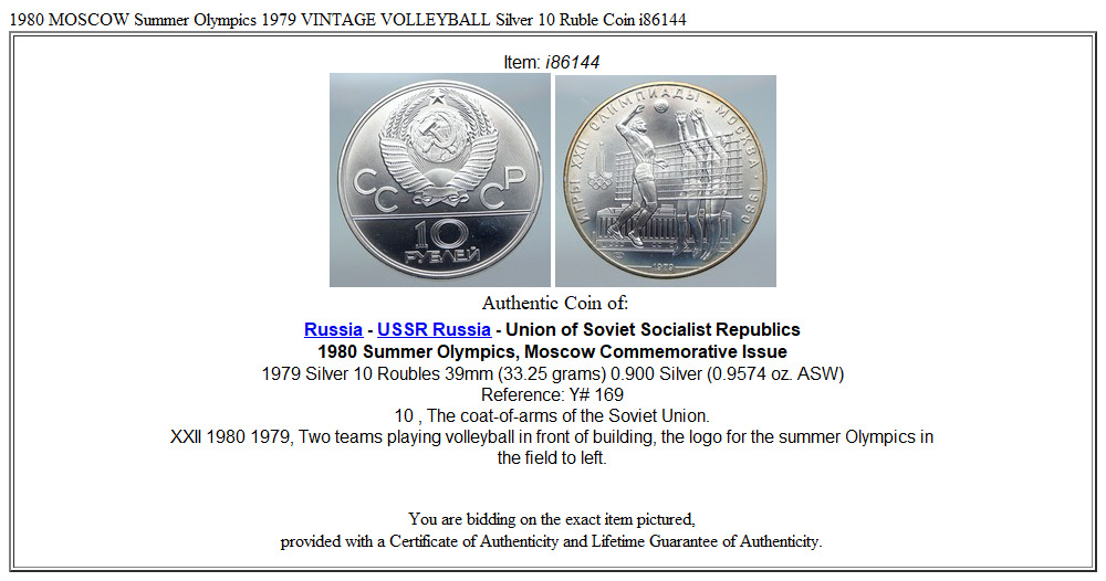 1980 MOSCOW Summer Olympics 1979 VINTAGE VOLLEYBALL Silver 10 Ruble Coin i86144