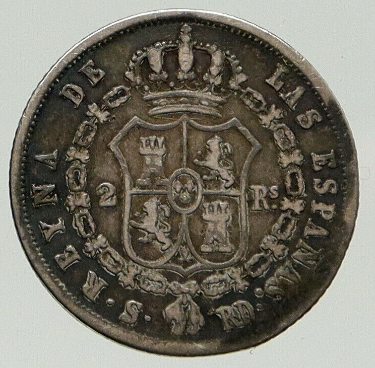 1851 SPAIN Queen ISABELLA II Antique VINTAGE Silver 2 Reales Spanish Coin i93120