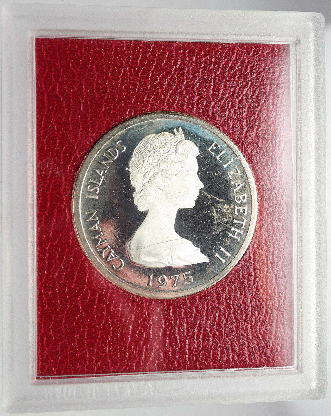 1975 CAYMAN ISLANDS UK Queen Elizabeth II 4.2cm OLD Proof Silver $5 Coin i93110